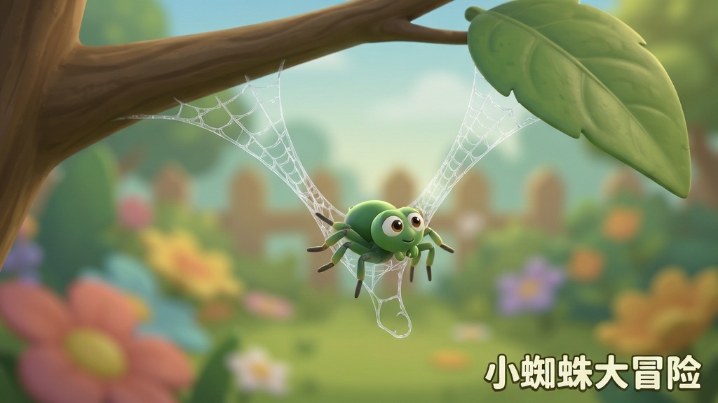 游戏画面特写,一只绿色小蜘蛛从树枝上垂下蛛丝,荡向另一片树叶,背景是虚化的花园,主体突出,布局以动作瞬间为中心,排版干净,卡通渲染风格,光影柔和,细节表现蛛丝的透明质感,画质高清,干净无多余元素,画面角落有文字“小蜘蛛大冒险”。