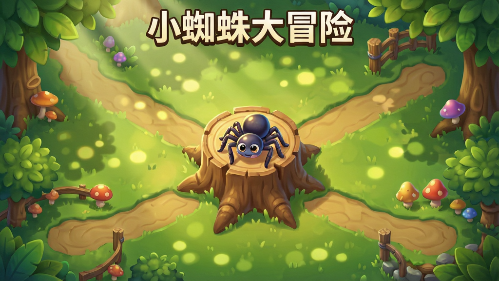 一张游戏关卡选择地图,画面中央是一只小蜘蛛站在树桩上,周围有多个通往不同区域的路径,背景是阳光透过树叶洒下的光斑,主体居中,布局为俯视图,排版规整,卡通渲染风格,细节丰富,画质高清,干净无多余元素,画面顶部有文字“小蜘蛛大冒险”。
