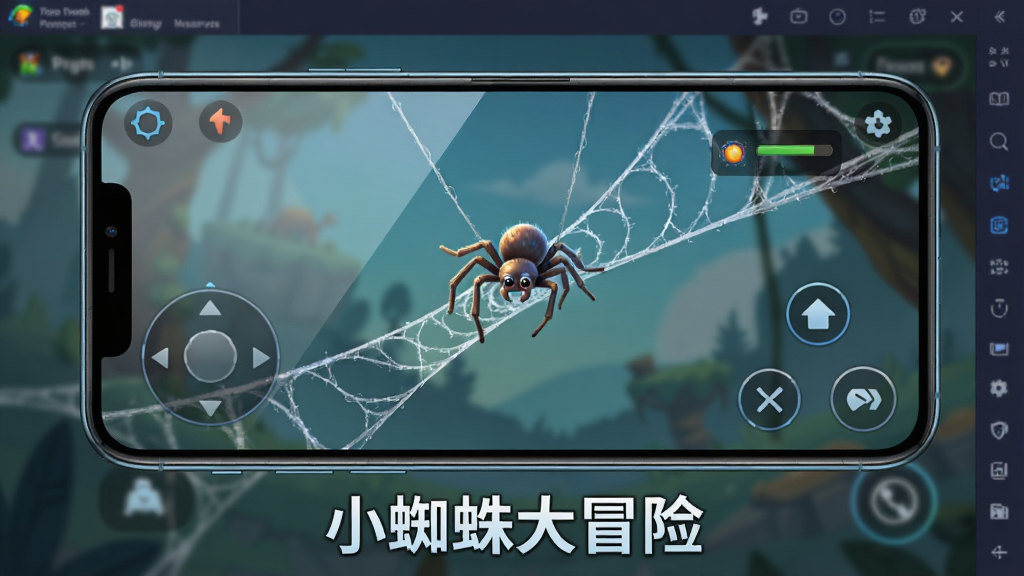 一部智能手机横屏显示游戏画面,画面中一只小蜘蛛正在蛛丝上荡跃,屏幕边缘有虚拟按键,背景是模拟器的操作提示,主体为手机屏幕,布局居中,排版清晰,科技感风格,细节表现屏幕反光,画质高清,干净无多余元素,画面下方有文字“小蜘蛛大冒险”。