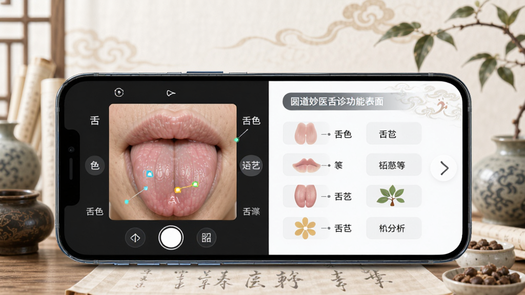 主体:圆道妙医舌诊功能界面,手机屏幕显示舌象拍摄框与AI分析结果,界面有舌色、舌苔等标注,背景为中医风格元素,布局清晰,排版专业,风格现代科技与传统中医融合,细节丰富,画质高清,干净,无多余元素。