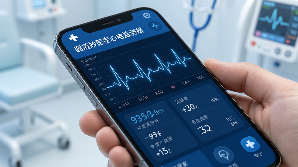 主体:圆道妙医心电监测界面,手机屏幕显示心电波形图与数据指标,界面有蓝色医疗风格元素,布局简洁,排版清晰,风格专业科技感,细节精准,画质高清,干净,无多余元素。