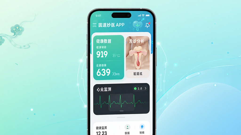 主体:圆道妙医APP界面展示,手机屏幕上有健康数据、舌诊分析、心电监测等模块,整体风格现代简约,界面清晰,背景为干净渐变色,布局合理,排版整洁,风格科技感与中医元素结合,细节丰富,画质高清,干净,无多余元素。