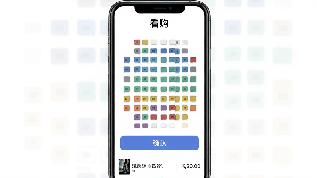 主体:看购APP选座页面,布局:手机屏幕展示影院座位图,座位颜色区分已选与可选,排版:座位图居中,下方为确认按钮,风格:直观明了,细节:顶部显示“看购”字样,底部有影片信息和价格,画质:干净,无多余元素