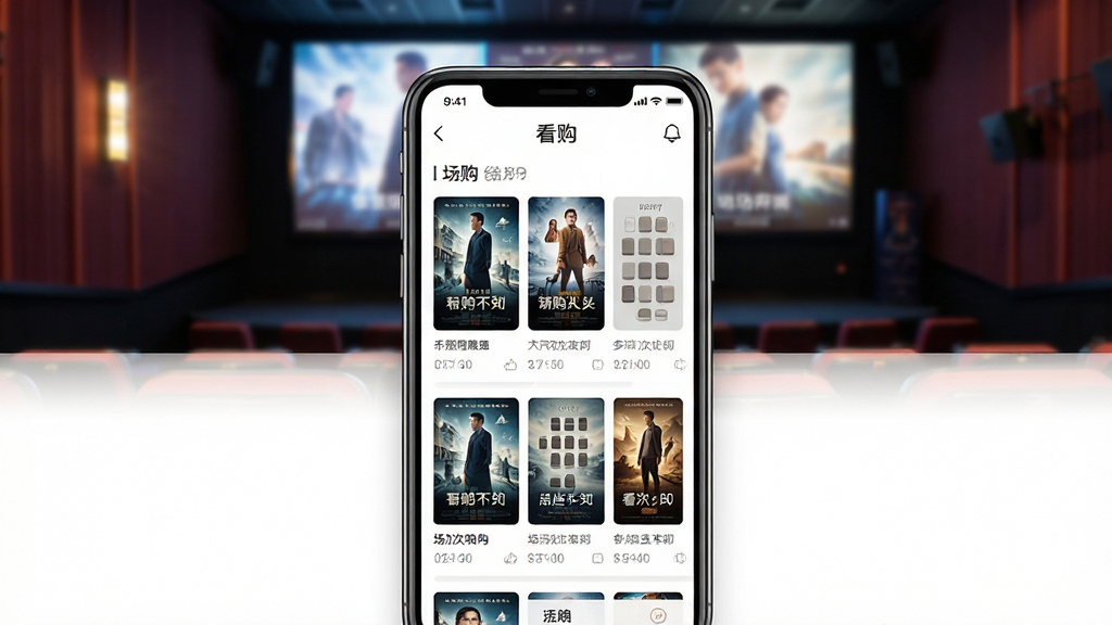 主体:看购APP界面展示,手机屏幕内显示电影列表与选座页面,背景为电影院场景,布局:手机居中,四周留白,界面元素清晰可见,排版:简洁大方,APP名称“看购”位于屏幕上方,风格:现代科技感,细节:屏幕中显示电影海报、场次时间、座位图,画质:高清,干净,无多余元素