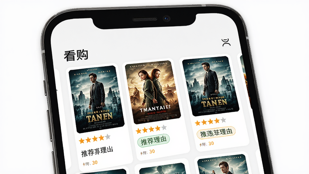 主体:手机屏幕展示看购APP的智能推荐页面,布局:屏幕中央显示“看购”推荐列表,排版:卡片式布局,风格:清新简洁,细节:包含电影海报、评分星级、推荐理由标签,画质:高清,干净,无多余元素
