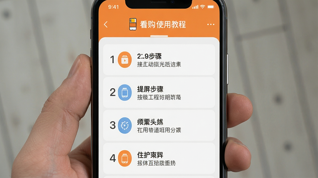 主体:手机屏幕显示看购APP使用教程页面,布局:屏幕中央展示操作步骤列表,排版:步骤清晰,编号排列,风格:简约实用,细节:包含图标和文字说明,画质:干净,无多余元素