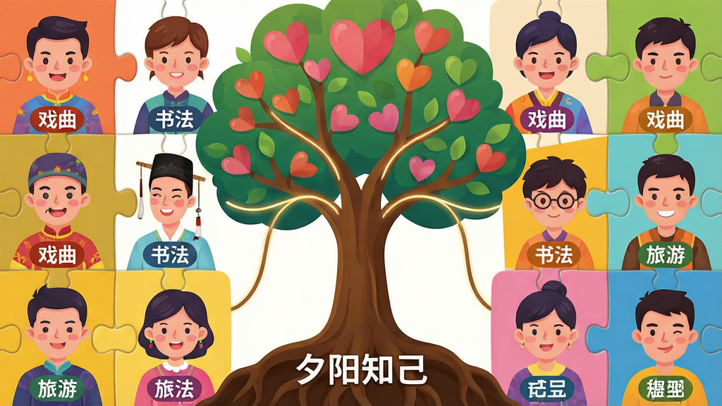主体:一组彩色的人物头像拼图,每个头像下方有“戏曲”、“书法”、“旅游”等不同兴趣标签,中央由线条连接成一颗大树形状。布局:头像围绕中心大树呈环形分布,树根处有“夕阳知己”字样。排版:环形布局,中心突出,标签清晰,线条流畅。风格:现代插画风,色彩鲜艳但不刺眼,温馨活泼。细节:每位人物头像均为卡通风格,笑容可掬,衣着颜色各异,树冠由心形树叶组成。画质:矢量高清,边缘平滑,构图饱满,干净无多余元素。