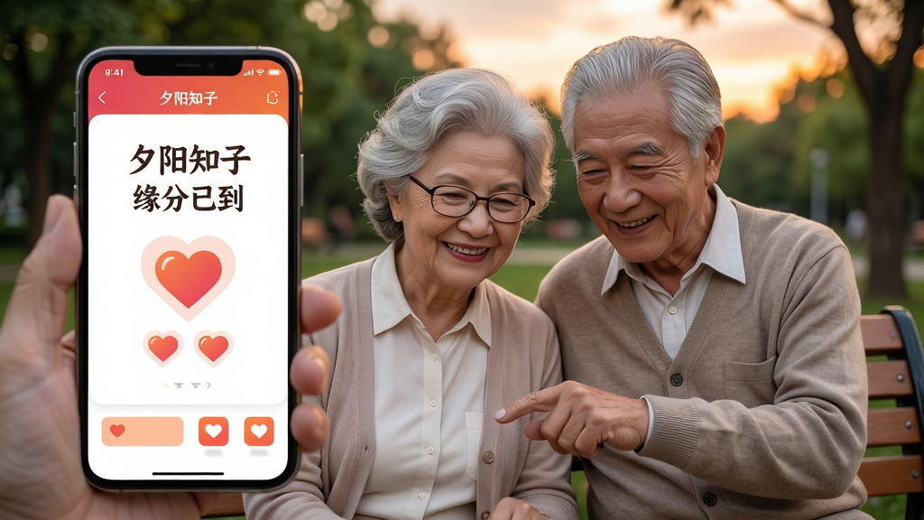主体:一位笑容和蔼的银发老奶奶和老爷爷并肩坐在公园长椅上,正开心地看着手机屏幕上的夕阳知己APP界面。布局:画面中央为两位老人,手机屏幕放大特写置于前景,界面显示“夕阳知己”字样和匹配成功的心形图案。排版:老人占画面三分之二,手机界面占三分之一,背景为虚化的公园绿树和晚霞。风格:写实摄影风格,暖色调,温馨明亮。细节:老奶奶戴着老花镜,老爷爷手指轻点屏幕,两人衣着整洁得体,手机界面字体放大清晰,显示“缘分已到”和两颗爱心图标。画质:4K超清,细节丰富,柔和自然光,干净无多余元素。