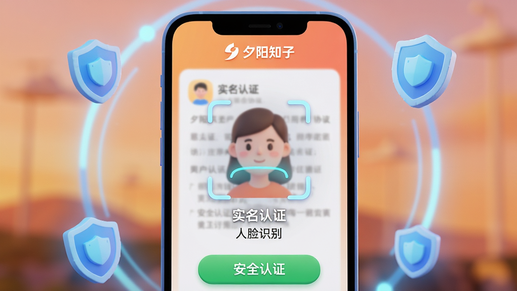 主体:一部智能手机屏幕特写,显示夕阳知己APP的实名认证界面,有“人脸识别中”的动画效果。布局:手机位于画面中央,四周有柔和的蓝色科技光效和盾牌图标。排版:手机屏幕占据主体,上方显示“夕阳知己”LOGO,中间为模拟人脸识别框,下方有“安全认证”绿色按钮。风格:扁平化结合轻微3D效果,科技感与亲和力并重。细节:屏幕中清晰显示“实名认证”、“人脸识别”字样,背景有淡化的用户协议文本,光效干净不刺眼。画质:高清渲染,色彩明快,无多余元素。