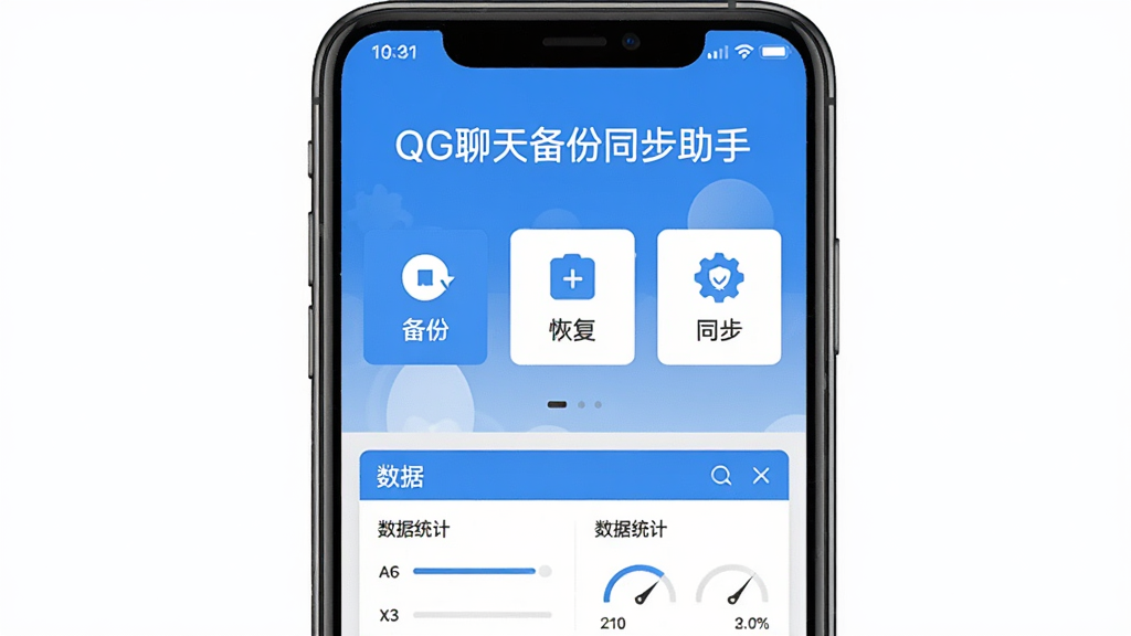 QG聊天备份同步助手主界面预览图,展示手机屏幕中软件主页面,上方显示“QG聊天备份同步助手”字样,中部为备份、恢复、同步三大功能按钮,底部为数据统计面板,整体采用蓝白配色,扁平化设计,界面干净整洁,画质清晰,无多余元素