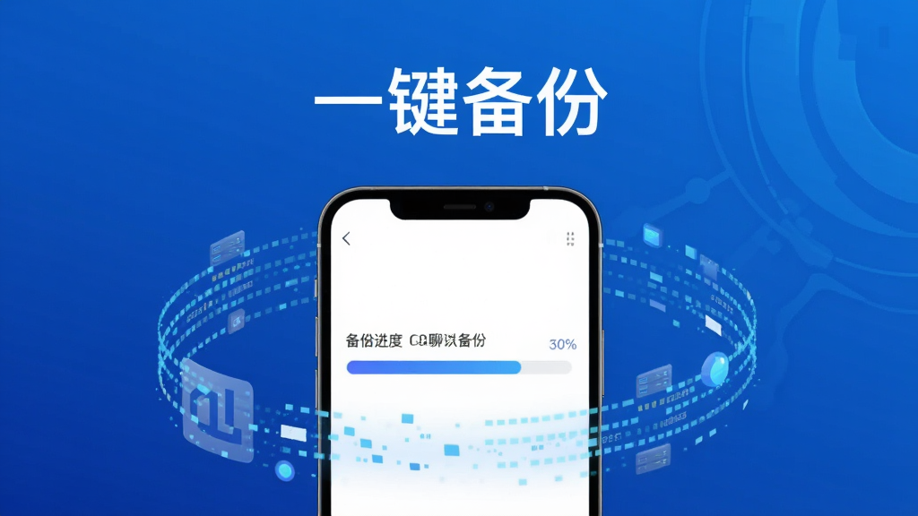 QG聊天备份同步助手备份功能示意图,手机屏幕显示备份进度条,周围环绕数据流动特效,上方文字“一键备份”,背景为蓝色科技感渐变,画质清晰,干净整洁