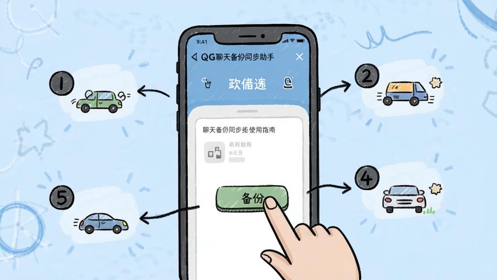QG聊天备份同步助手使用指南示意图,手机屏幕显示软件操作界面,手指点击“备份”按钮,周围有步骤序号标注,背景浅蓝色,手绘风格,画质清晰,干净整洁