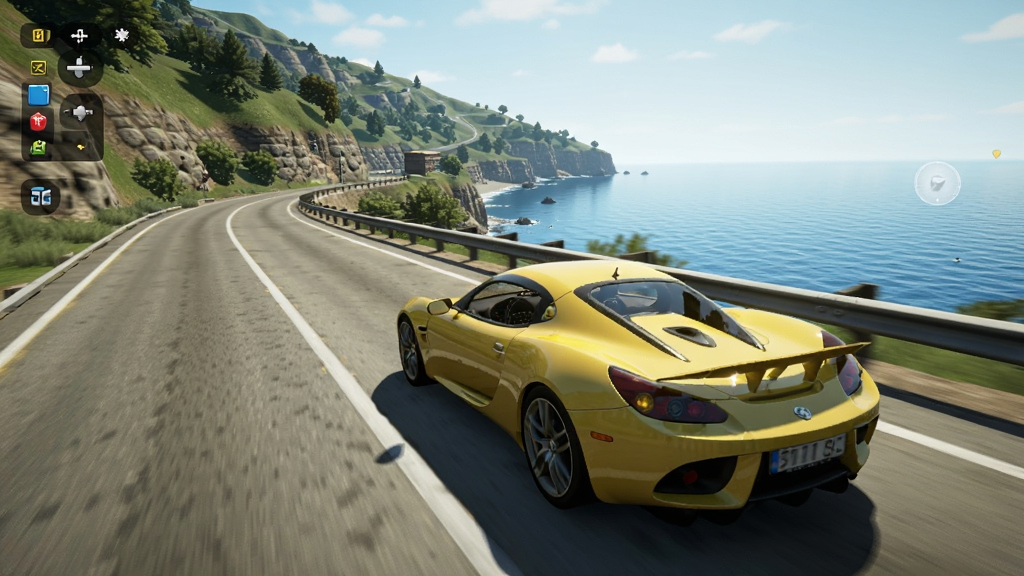 �����ܳ���Ϸ��ͼ̽�����棬һ����ɫ·��˹Evora�ܳ���ʻ���غ���·�ϣ�һ����ε���󺣣�һ���Ǵ���ɽ�£��������ڳ����ϣ���������ͨ͸�����дʵ�����ʸ��壬�ɾ��޶���Ԫ��