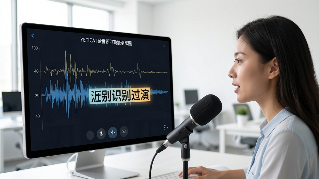 YETICAT语音识别功能演示图,界面显示清晰的中文文字波形转换过程,背景为明亮的办公室环境,人物对麦克风说话,界面呈现高亮识别文字,干净无多余元素