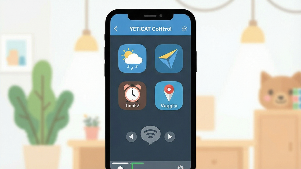 YETICAT语音指令操作示意图,手机屏幕展示语音控制应用的界面,包括天气、闹钟、导航等图标,背景简洁明亮,卡通扁平化风格,画质干净,无多余元素