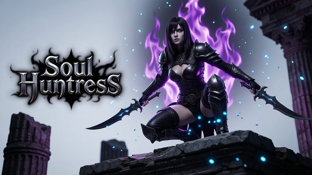 �������룬һλ���Ű���Ƥ��ս�ס��ֳ�˫�е�����Ůսʿ��Soul Huntress������ڷ������Ĳ�ԫ֮�ϣ�������ȼ�յ���ɫ�����棬��ΧƮɢ������ɫ�����ӹ�Ч����ͼ���õͽǶ����ӣ�ͻ����ɫ�İ��������ظС����������������ϷLOGO��Soul Huntress����������н����ʸкͰ�Ӱ���⡣������Ϊ�������дʵ����Ӱ�Ա�ǿ�ң�ϸ���������£�Ƥ��������ʸ���ʵ�����ʴﵽ4K���弶�𣬱����ɾ��޶���Ԫ�ء�