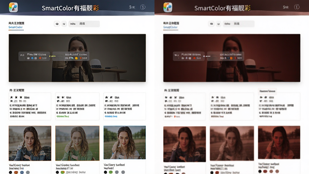 主体为左右对比视图,左侧为正常视图下的网页界面,右侧为模拟红绿色盲后的效果,SmartColor有福靓彩标识位于顶部,布局分栏,排版清晰,风格写实,细节有色彩差异标注,画质高清新净。