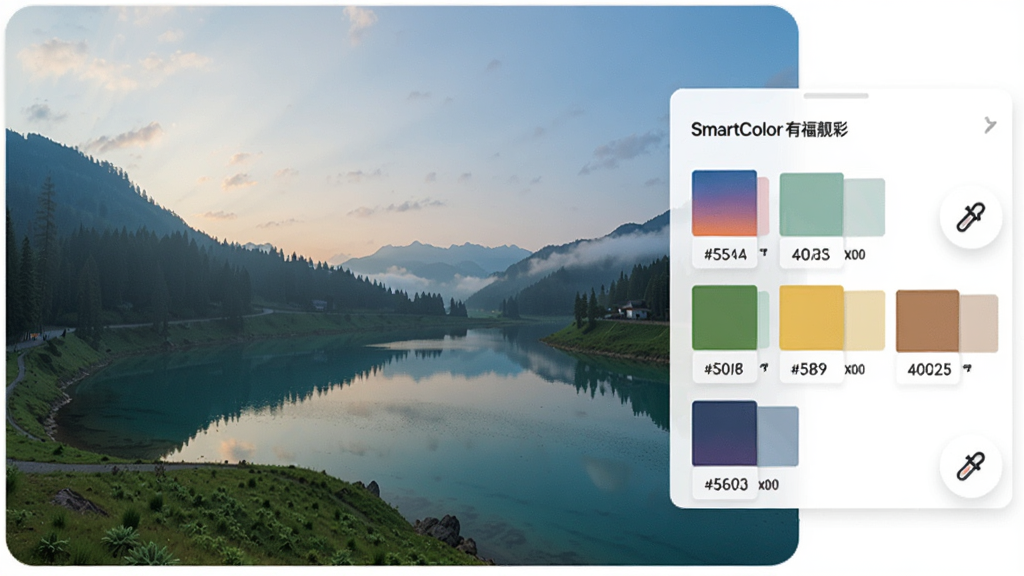 主体为一张风景照片旁边悬浮SmartColor有福靓彩的色彩提取面板,显示提取出的五色色卡,布局左右结构,排版简洁,风格清新,细节包含色值代码与吸管图标,画质锐利干净。