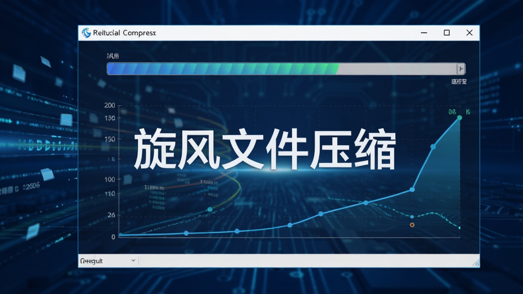画面主体为旋风文件压缩软件正在高速压缩文件的界面,显示进度条与速度曲线,背景为深蓝色科技感风格,界面中央有“旋风文件压缩”字样,动态线条与数据流元素,画质清晰,干净无多余元素