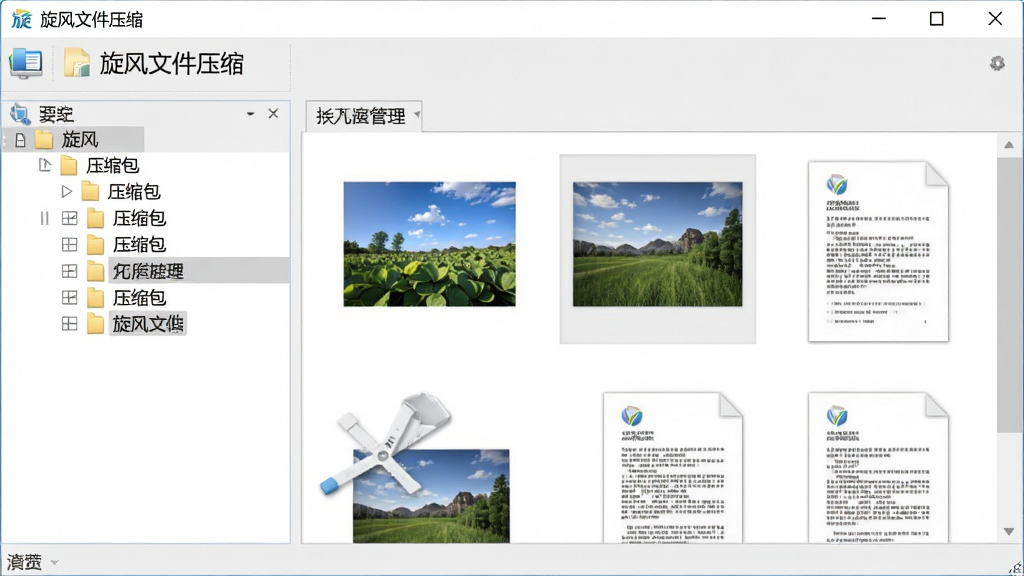 画面主体为旋风文件压缩软件的文件预览与管理界面,左侧为压缩包文件树,右侧为文件预览区,显示图片与文档缩略图,界面风格清新简洁,顶部有“旋风文件压缩”字样,背景为浅灰色,画质高清,无多余元素