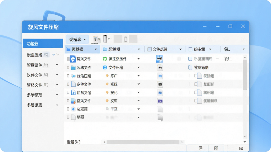 画面主体为“旋风文件压缩”软件主界面,布局清晰,左侧为功能导航栏,右侧为文件列表区,界面风格现代简约,主色调为蓝色与白色,顶部显示软件名称“旋风文件压缩”字样,背景为渐变浅蓝色,整体干净明亮,画质高清,无多余元素