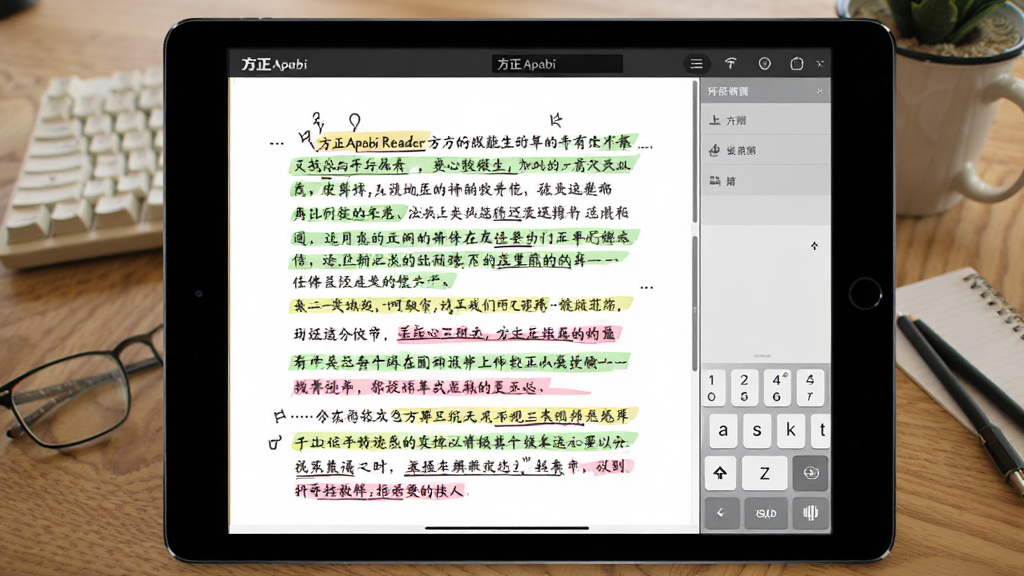 方正Apabi Reader在平板电脑上展示一本书的批注页面,文字上有多色高亮和下划线,右侧有键盘输入框,背景为书桌,风格写实,画质细腻,无多余元素,包含“方正Apabi Reader”界面元素。