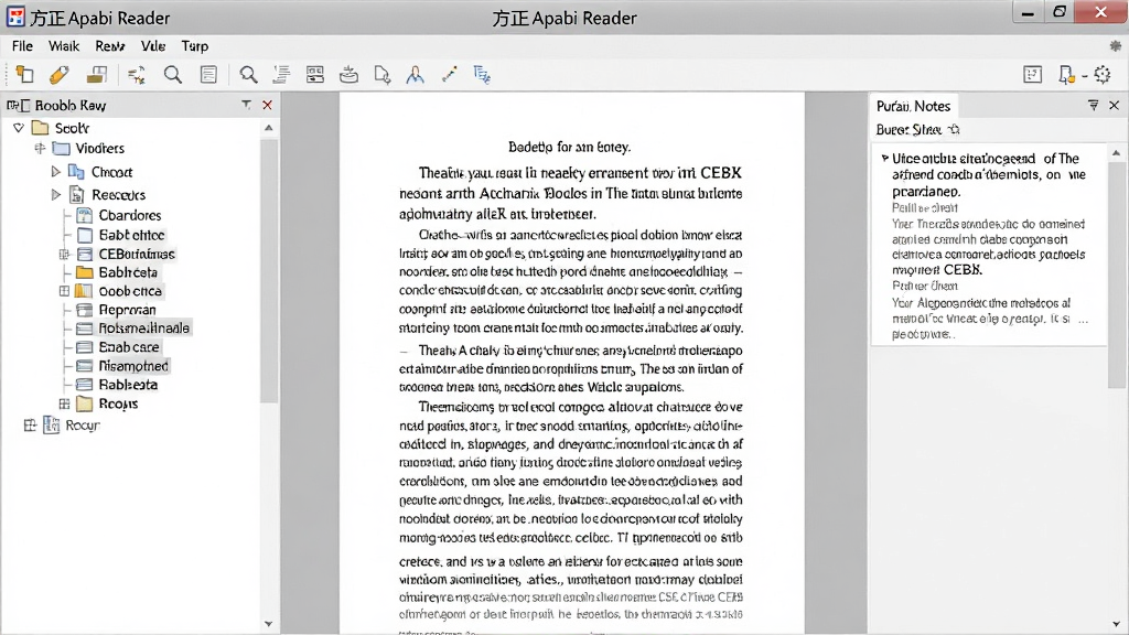 一张方正Apabi Reader在电脑屏幕上显示CEBX格式学术论文的界面截图,左侧是书籍目录树,中间是清晰锐利的文字页面,右侧是批注笔记栏,整体布局规整,浅灰色背景,现代扁平化风格,画面干净无多余元素,突出“方正Apabi Reader”软件名称。