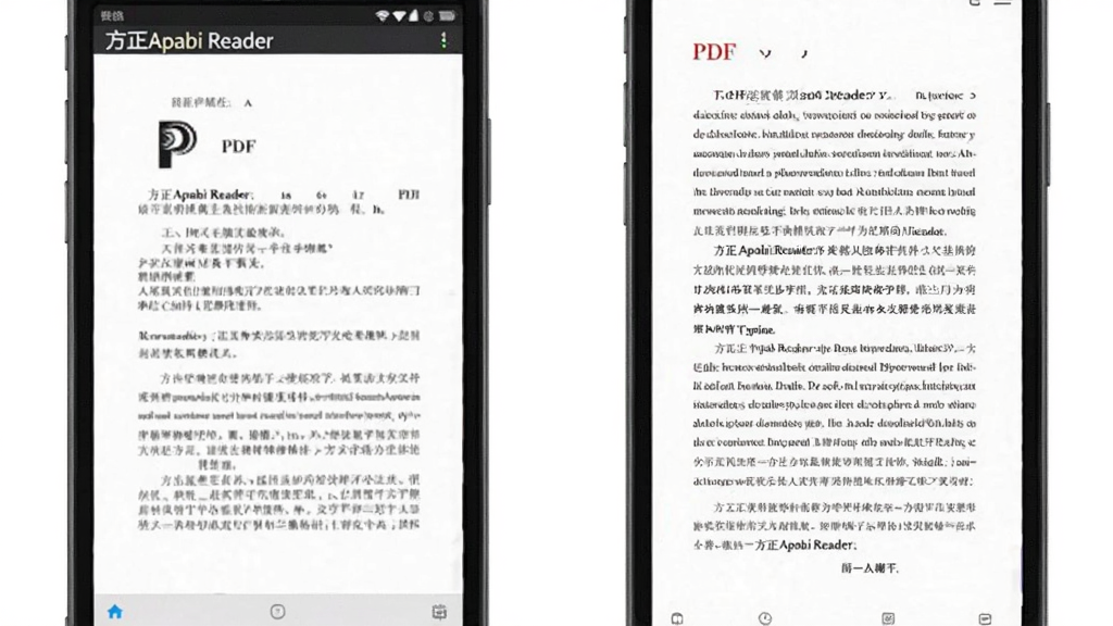 方正Apabi Reader在手机上将PDF扫描论文重排为单栏流式排版的前后对比图,左侧是原始扫描页,右侧是重排后的清晰文字页,背景为纯白色,手机竖屏显示,界面简洁,突出软件名称“方正Apabi Reader”。