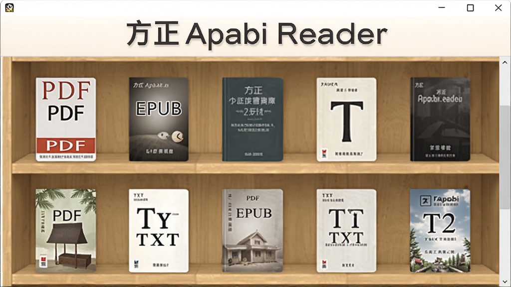 方正Apabi Reader的书籍库界面,展示书架上有PDF、EPUB、TXT等多种格式的书籍封面缩略图,背景为浅木色书架,图标排列整齐,界面柔和,画质清晰,无多余元素,突出“方正Apabi Reader”字样。