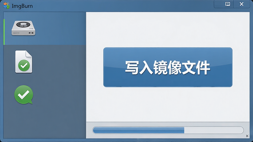 主体:ImgBurn软件主界面,显示刻录选项图标与进度条。布局:界面居中,左侧功能列表,右侧大按钮“写入镜像文件”。排版:简洁清晰,按钮醒目。风格:现代扁平化设计,色调以蓝灰为主。细节:光驱图标、文件图标、绿色对勾,界面文字“ImgBurn”。画质:高清,干净,无多余元素。