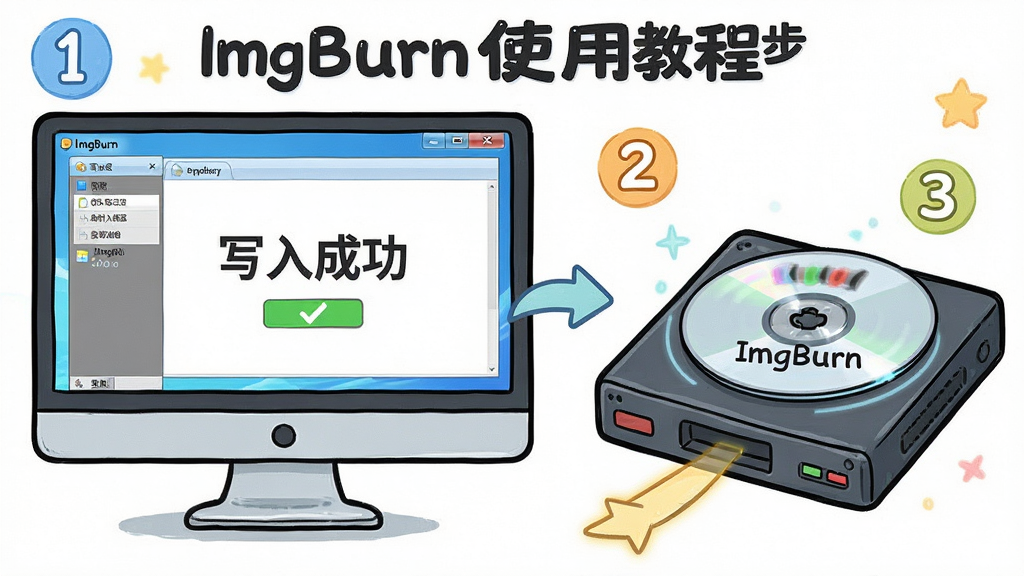 主体:ImgBurn使用教程步骤图,包含电脑和光驱。布局:左侧为电脑屏幕显示软件界面,右侧为光驱写入光盘。排版:步骤序号1-2-3。风格:卡通插画,色彩明亮。细节:光盘上写“ImgBurn”,电脑屏幕显示“写入成功”。画质:高清,干净,无多余元素。