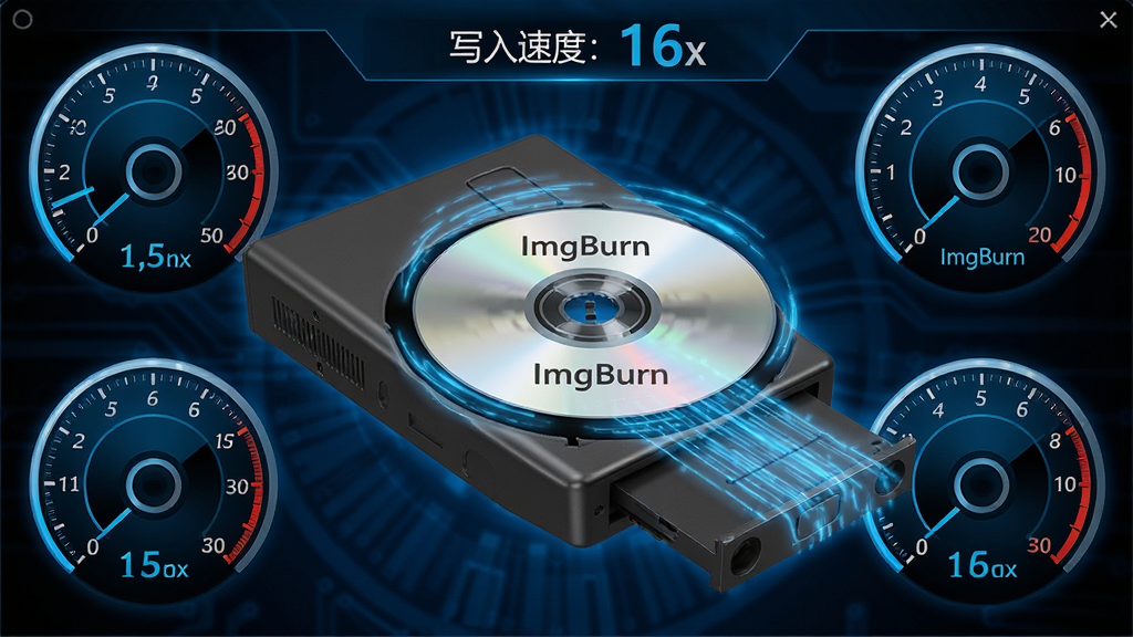 主体:ImgBurn高速刻录过程,光驱高速转动,数据流线显示。布局:中央为光驱动画,周围环绕速度仪表盘。排版:动态感强,速度数字显示。风格:科技感,蓝色光效。细节:光驱托盘弹出,光盘上刻有“ImgBurn”,界面显示“写入速度:16x”。画质:高清,干净,无多余元素。