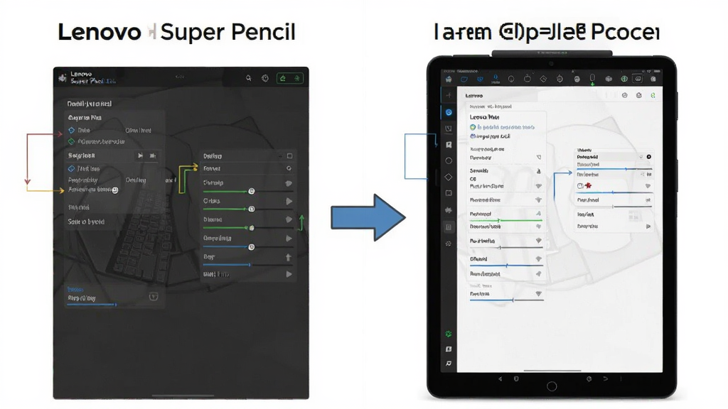 一张分屏教学图,左侧是电脑端Lenovo Super Pencil软件设置界面,右侧是平板电脑端同一软件的界面,中间有箭头连接,展现跨设备同步功能。布局清晰,风格为信息图形式,细节上标注关键设置选项,画质干净,无多余元素。