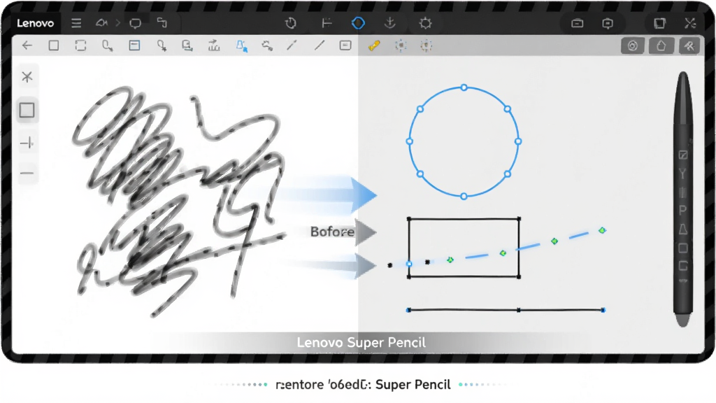 一张功能演示图,主体为Lenovo Super Pencil软件界面,左侧是潦草的手绘形状,右侧是经过智能识别后自动对齐的完美圆形、矩形和直线。布局采用左右分屏对比形式。风格简洁清晰,带有科技感,细节上突出前后转换的视觉效果,画面干净专业。