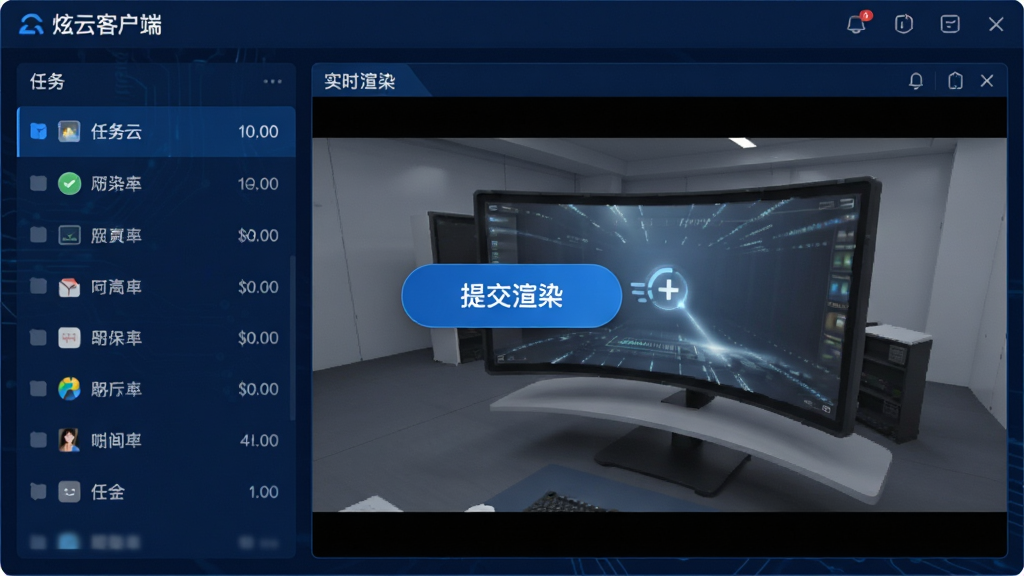 炫云客户端主界面展示,深蓝色科技感UI布局,左侧任务列表,右侧实时渲染预览窗口,中间悬浮“提交渲染”按钮,整体风格简洁专业,画质高清干净,无多余元素