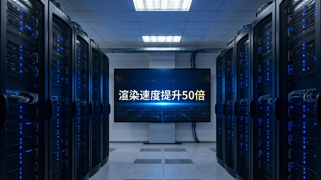 炫云客户端渲染农场机房实拍,多排黑色服务器机柜,蓝色指示灯闪烁,中央大屏显示“渲染速度提升50倍”字样,科技感十足,画质清晰,无多余元素
