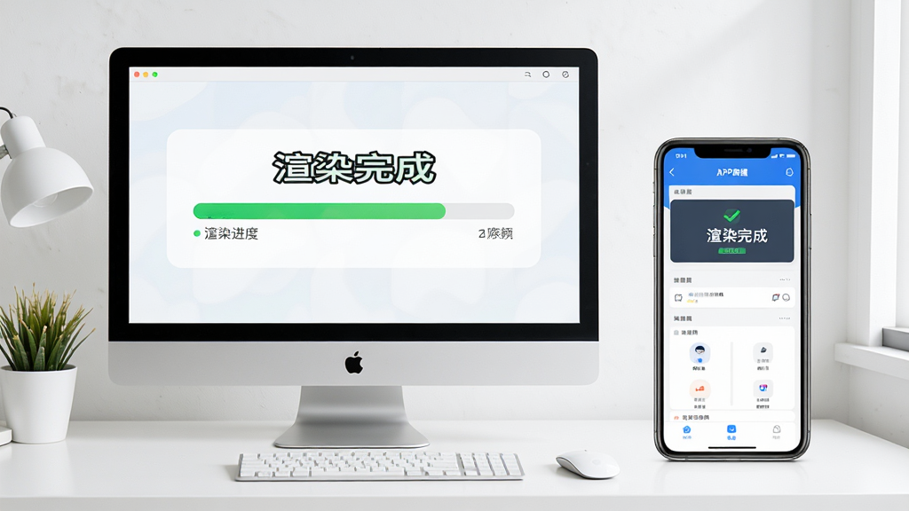 炫云客户端使用教程示意图,电脑屏幕显示渲染进度条,旁边手机屏幕显示APP监控界面,桌面整洁,画质清晰,文字标注“渲染完成”,无多余元素
