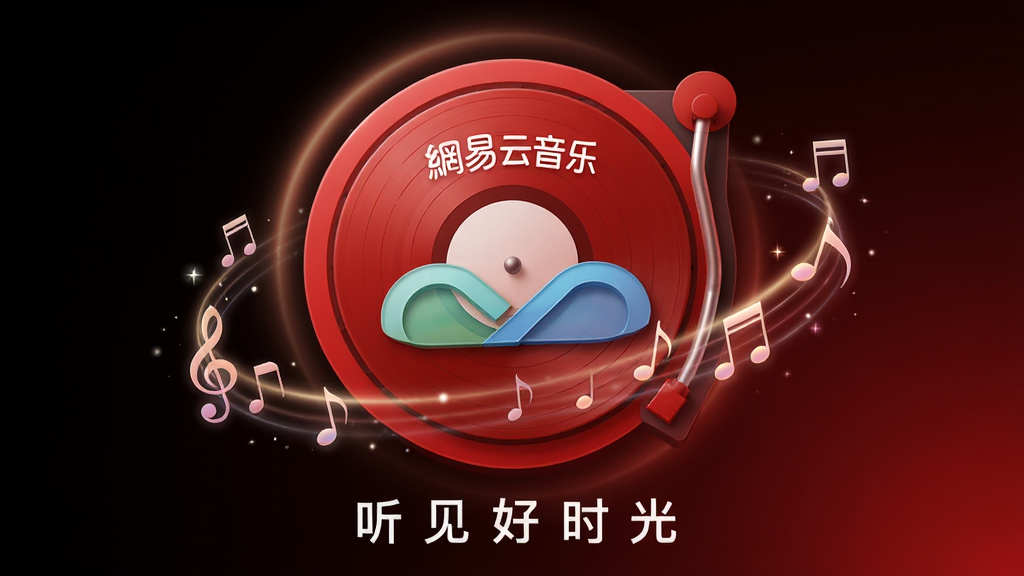 画面主体为“网易云音乐”品牌标识,以红色圆形唱片机造型为核心,唱片上刻有“网易云音乐”白色字样,周围环绕柔和的光晕与跳跃的音符元素。整体布局居中,背景为深色渐变(黑红过渡),营造沉浸式音乐氛围。排版采用对称构图,品牌标识下方搭配“听见好时光”slogan文字。风格为现代科技感与艺术感结合,画面干净无多余元素,画质高清细腻,细节丰富。