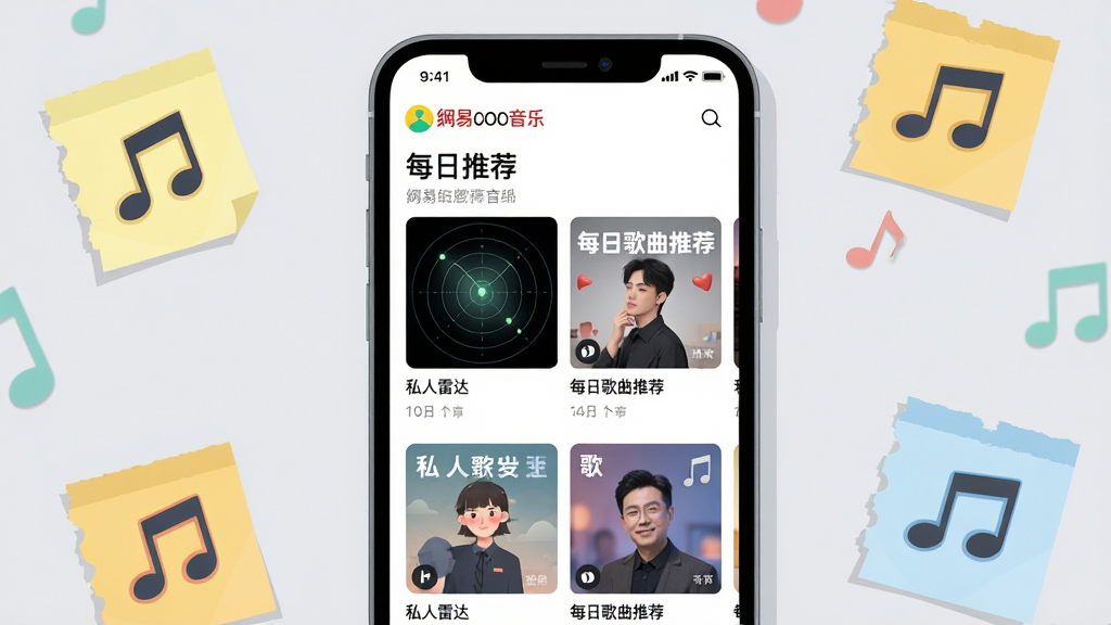画面主体为智能手机屏幕展示“网易云音乐”的“每日推荐”界面,屏幕内可见多张个性化歌单封面,封面风格多样,包含“私人雷达”、“每日歌曲推荐”等标签。布局以手机居中,背景为浅灰色桌面,周围散落几片音符形状的便签纸。排版采用正面平视角度,手机屏幕内容清晰可见,风格为清新简约的扁平插画风,细节表现到位,画质干净无杂物,突出推荐功能的智能感。