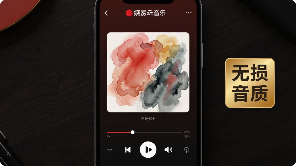 画面主体为“网易云音乐”App播放界面,界面中央显示专辑封面,封面为抽象的水彩画风格,底部有进度条、播放按钮和音量图标。界面右侧悬浮着“无损音质”金色标志。布局采用手机竖屏截图样式,背景为暗色木纹桌面,排版简洁直观。风格为写实与插画结合,突出高品质音乐质感,画质清晰,无多余元素,颜色以红黑金为主,营造高级感。