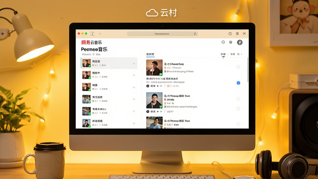 画面主体为电脑屏幕显示“网易云音乐”歌单页面,页面左侧是歌单列表,右侧是歌曲列表,背景使用暖黄色调,营造温馨社区氛围。屏幕上方有“云村”入口图标。布局采用桌面截图形式,周围搭配咖啡杯、耳机等实体物品,风格为生活化摄影风格,细节丰富,画质干净,突出歌单与社区的融合感。