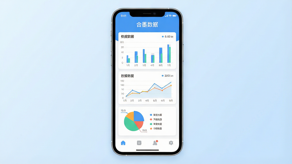 主体:一部智能手机屏幕显示合墨数据主界面,界面顶部有“合墨数据”字样,中间是各类数据图表卡片,底部有导航栏。布局:手机居中,背景为浅蓝色渐变,四周留白。排版:界面元素整齐排列,图表清晰。风格:现代简约,扁平化设计,色彩明亮。细节:屏幕中图表包含柱状图、折线图、饼图,数字标注清晰。画质:高清,干净,无多余元素。