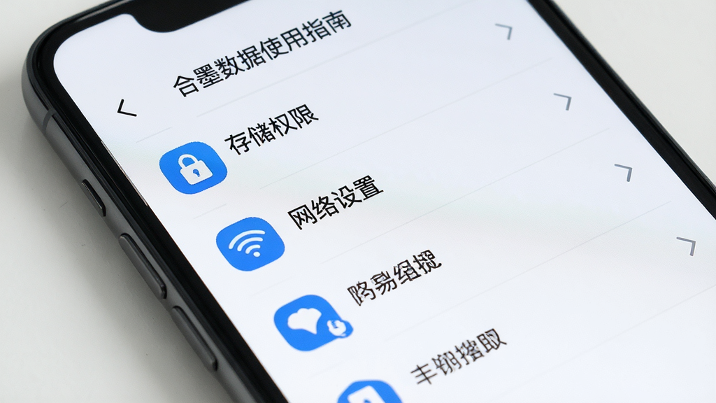 主体:手机屏幕显示合墨数据使用指南界面,有“存储权限”“网络设置”等选项。布局:界面为列表式,从上到下排列。排版:每行有图标和文字说明。风格:简洁清晰,浅色背景。细节:图标为蓝色,文字为黑色。画质:高清,干净,无多余元素。
