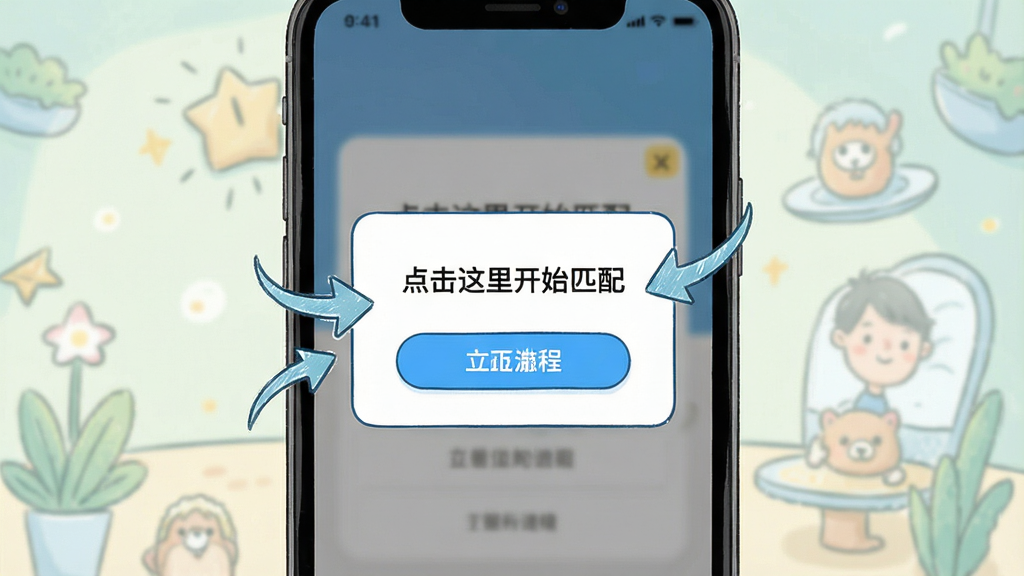 Match使用教程步骤图,主体为手机屏幕展示操作引导弹窗,布局居中,风格清新插画,细节包括箭头指示、文字“点击这里开始匹配”、按钮高亮,画质干净无多余元素