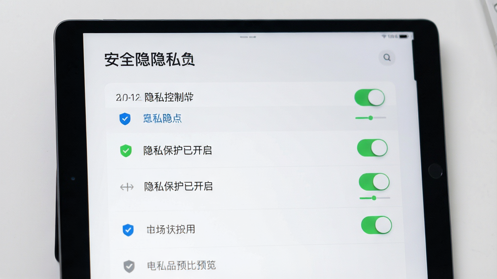 Match安全隐私设置页面预览,主体为平板设备显示隐私控制面板,布局列表式,风格简洁商务,细节包括开关按钮、盾牌图标、文字“隐私保护已开启”,画质清晰无多余元素