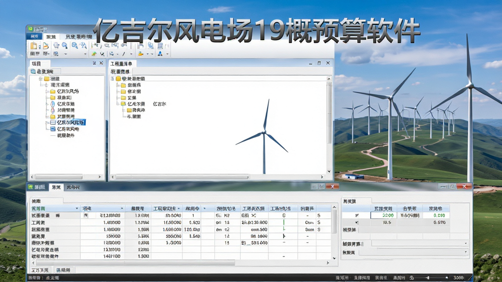主体为亿吉尔风电场19概预算软件主界面,背景为风电场的远景,界面显示项目树、工程量清单、概预算表格等核心模块,布局清晰,排版专业,风格为现代商务软件界面设计,细节包含工具栏、状态栏、数据表格,画质高清,整体干净无多余元素,界面中显示“亿吉尔风电场19概预算软件”字样,图片为软件预览图。