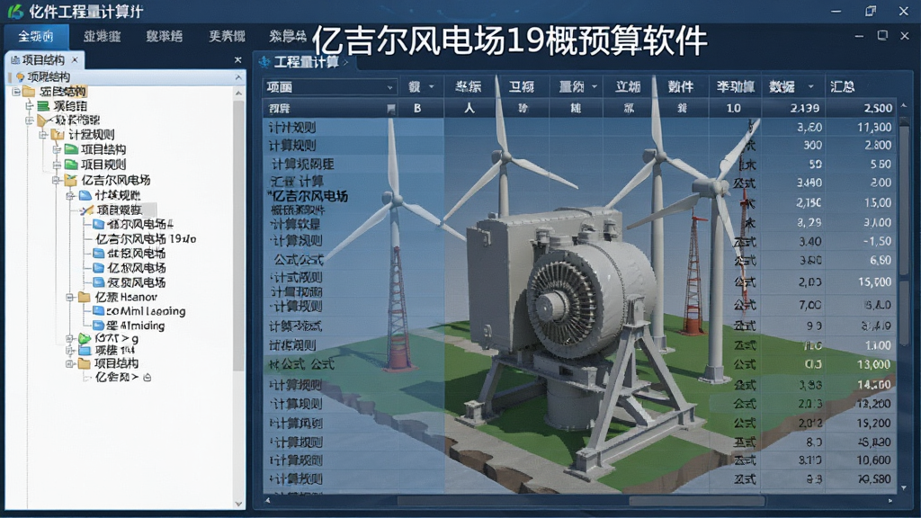 主体为软件工程量计算界面,左侧为项目结构树,右侧为工程量计算表格,背景为风电设备三维模型,布局清晰,排版整洁,风格为科技感商务风格,细节包含计算规则、公式、汇总数据,画质高清,干净无多余元素,界面中显示“亿吉尔风电场19概预算软件”字样,图片为软件功能预览图。