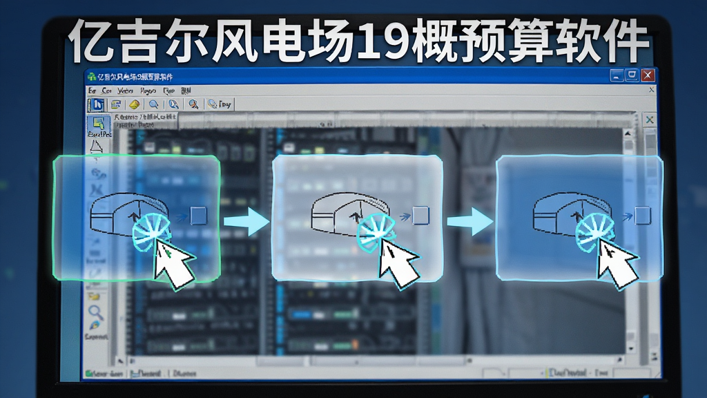 主体为软件操作教程界面,显示鼠标点击操作示意图,背景为电脑屏幕与软件界面,布局为步骤流程,排版清晰,风格为教学图示风格,细节包含光标、菜单栏、高亮提示框,画质高清,干净无多余元素,界面中显示“亿吉尔风电场19概预算软件”字样,图片为软件使用教程预览图。