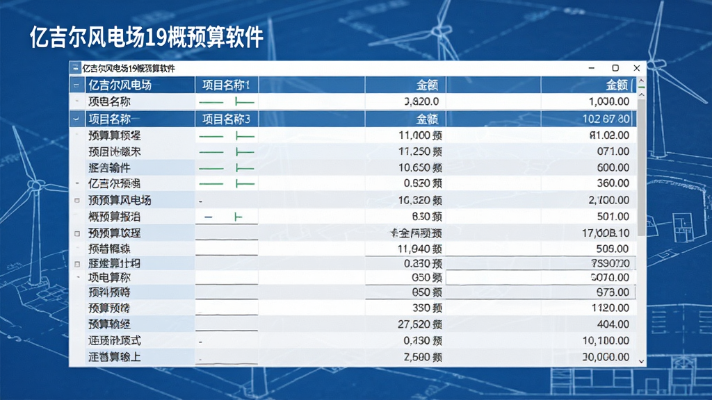 主体为软件报表输出界面,显示各种概预算报表的预览,背景为风电项目蓝图,布局为表格列表,排版规整,风格为商务文档风格,细节包含报表标题、项目名称、金额数据,画质高清,干净无多余元素,界面中显示“亿吉尔风电场19概预算软件”字样,图片为软件功能预览图。