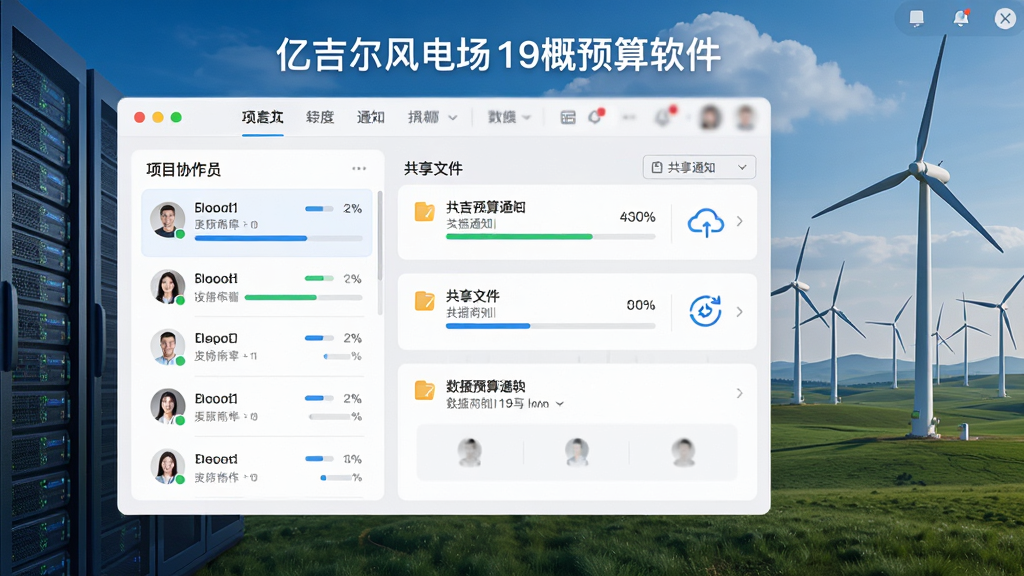 主体为软件协同办公界面,显示项目协作成员列表、消息通知、共享文件等,背景为云服务器与风电场景,布局为卡片式,排版现代,风格为互联网办公风格,细节包含头像、进度条、数据同步图标,画质清晰,干净无多余元素,界面中显示“亿吉尔风电场19概预算软件”字样,图片为软件功能预览图。